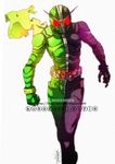  antennae bad_id bad_pixiv_id belt black_bodysuit bodysuit green_bodysuit kamen_rider kamen_rider_double kamen_rider_w kusagami_style male_focus scarf solo watermark 