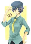  androgynous bad_id bad_pixiv_id blue_eyes blue_hair cabbie_hat hat highres necktie persona persona_4 reverse_trap shirogane_naoto short_hair solo u35 