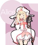  alice_(tales) blonde_hair character_name copyright_name haru_(arser_doil) hat microphone microphone_stand one_eye_closed purple_background smile tales_of_(series) tales_of_symphonia tales_of_symphonia_knight_of_ratatosk yellow_eyes 