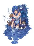  bare_shoulders blue blue_hair cat corset fairy_wings fishing_rod hair_over_one_eye leaf lips mabinogi pointy_ears siren_(mabinogi) sitting soaking_feet solo thighhighs toro_(konirio) tree_stump water wings 