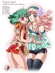  apron blonde_hair blue_eyes breasts china_dress chinese_clothes cleavage dress flower green_hair iyou large_breasts macross macross_frontier multiple_girls ranka_lee red_eyes sheryl_nome thighhighs yukkyun 