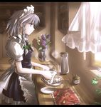  braid cup curtains flower grey_hair izayoi_sakuya kitchen letterboxed maid maid_headdress plate profile purple_eyes shirosa short_hair smile solo spoon teacup teapot touhou twin_braids window 