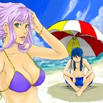  1girl bikini blue_eyes blue_hair bracelet breasts brown_eyes cleavage couple day earrings hetero jewelry large_breasts long_hair macross macross_frontier pink_hair ponytail saotome_alto sheryl_nome swimsuit umbrella utsuki_(clown) 