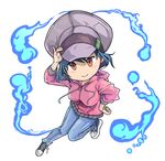  black_hair blush_stickers breasts burakkori cabbie_hat chibi denim full_body hand_on_hip hat highres hitodama hood hoodie jeans medium_breasts okita_riona pants puzzle_&amp;_dragons red_eyes shoes short_hair sneakers solo 