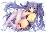  animal_ears bangs bed bed_sheet black_panties blue_eyes blush cameltoe cat cat_ears doruji frilled_panties frills full_body hair_ornament hair_ribbon little_busters! long_hair long_sleeves looking_at_viewer lying on_back panties plaid plaid_skirt purple_hair purple_legwear ribbon sasasegawa_sasami school_uniform shirt skirt solo thighhighs twintails underwear very_long_hair white_shirt yanase_aki 