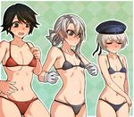  asymmetrical_hair bangs bare_shoulders bikini black_bikini black_eyes blue_bikini blush breasts checkered checkered_background closed_eyes clothes_writing collarbone cowboy_shot embarrassed flat_chest flipped_hair gloves green_background hat jariinu_(gomasionori) kantai_collection micro_bikini mogami_(kantai_collection) multiple_girls navel nowaki_(kantai_collection) open_mouth red_bikini sailor_hat short_hair silver_eyes silver_hair sweat swept_bangs swimsuit white_gloves z1_leberecht_maass_(kantai_collection) 