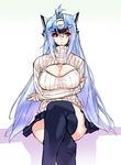  alternate_costume black_legwear blue_hair breast_hold breasts cleavage cleavage_cutout crossed_arms crossed_legs headgear highres kos-mos kos-mos_ver._4 large_breasts long_hair looking_at_viewer meme_attire negresco open-chest_sweater red_eyes ribbed_sweater skirt solo sweater thighhighs turtleneck very_long_hair xenosaga xenosaga_episode_iii 