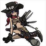  april_(slap_happy_rhythm_busters) between_fingers bikini_top black_gloves boots breasts brown_hair cowboy_boots cowboy_hat facial_mark fringe_trim gloves hat knife lowres medium_breasts midriff purple_eyes red_scarf scarf short_hair slap_happy_rhythm_busters solo spurs tomatojam 