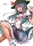  blue_hair hair_over_one_eye hat highres hinanawi_tenshi long_hair myero open_mouth puffy_short_sleeves puffy_sleeves red_eyes shirt short_sleeves signature skirt smile solo touhou 