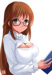  black-framed_eyewear blush book breasts brown_hair cleavage_cutout glasses highres large_breasts long_hair looking_at_viewer meme_attire miracle_hoshi necktie open-chest_sweater original simple_background solo sweater turtleneck upper_body white_background 