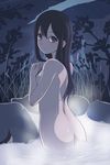  ass back black_hair eyebrows_visible_through_hair highres long_hair looking_at_viewer looking_back matsunaga_kouyou night nude onsen original partially_submerged purple_eyes solo steam water 