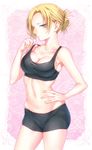 annie_leonhardt bad_id bad_pixiv_id bare_shoulders blonde_hair blue_eyes breasts cleavage collarbone folded_ponytail hand_on_own_stomach heart large_breasts lips looking_at_viewer mayoyara midriff navel pink_background shingeki_no_kyojin shiny shiny_hair shorts skindentation solo sports_bra star strap_pull sweatdrop 