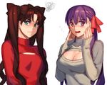  bad_id bad_pixiv_id black_hair blush breast_envy breasts cleavage cleavage_cutout fate/stay_night fate_(series) green_eyes hair_ribbon jeonpa large_breasts long_hair matou_sakura meme_attire multiple_girls open-chest_sweater purple_eyes purple_hair ribbed_sweater ribbon small_breasts squiggle sweater toosaka_rin turtleneck two_side_up 