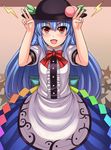  blue_hair blush double_v food fruit hat highres hinanawi_tenshi long_hair nekozombie open_mouth peach red_eyes solo touhou v 