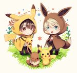  aldnoah.zero brown_eyes brown_hair chibi cosplay eevee eevee_(cosplay) gen_1_pokemon gen_2_pokemon grass green_eyes highres jiman kaizuka_inaho male_focus military military_uniform multiple_boys necktie pichu pikachu pikachu_(cosplay) pokemon pokemon_(creature) school_uniform silver_hair slaine_troyard uniform 