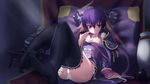  areola_slip areolae bad_id bad_pixiv_id bare_shoulders black_legwear collarbone cup eyeliner highres japanese_clothes jpeg_artifacts kimono long_hair looking_at_viewer makeup obi panties purple_eyes purple_hair sakazuki sangokushi_taisen sash side-tie_panties sitting solo thighhigh_dangle tonpara touhaku twintails underwear white_panties 