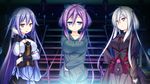  3girls blue_eyes breasts game_cg grey_hair hair_ribbon hand_on_hip harvest_overray highres large_breasts long_hair looking_at_viewer multiple_girls nironiro pink_eyes purple_hair ribbon serious stairs standing usume_shirou yellow_eyes 