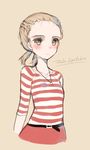  beige_background belt blonde_hair blue_eyes blush braid character_name collarbone cowboy_shot cropped_legs expressionless forehead french_braid jewelry long_sleeves necklace pendant real_life shirt short_hair simple_background sketch solo striped striped_shirt yamcha_(cocololi) yulia_lipnitskaya 
