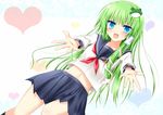  :d bad_id bad_pixiv_id blue_eyes dutch_angle frog_hair_ornament green_hair hair_ornament kochiya_sanae long_hair looking_at_viewer midriff navel open_mouth pleated_skirt reaching school_uniform serafuku skirt smile snake_hair_ornament solo tetsu_tissue touhou 