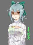  bangs blunt_bangs bow breast_conscious breast_padding breasts cleavage_cutout expressionless food fruit grey_background hair_bow kantai_collection looking_at_viewer melon meme_attire open-chest_sweater ponytail protected_link ribbed_sweater shaded_face simple_background small_breasts solo sweater taiki_(ozone) translated turtleneck upper_body yellow_eyes yuubari_(kantai_collection) 