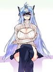  alternate_costume bespectacled black_legwear blue_eyes blue_hair breast_hold breasts cleavage_cutout crossed_arms crossed_legs glasses headgear highres kos-mos kos-mos_ver._4 long_hair looking_at_viewer meme_attire negresco open-chest_sweater ribbed_sweater skirt smile solo sweater thighhighs turtleneck very_long_hair xenosaga xenosaga_episode_iii 