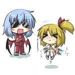  &gt;_&lt; :t alternate_costume bat_wings blonde_hair blue_hair blush_stickers buruma chibi closed_eyes commentary crossed_arms exercise fang flapping flying flying_sweatdrops goma_(gomasamune) gym_uniform hair_ribbon mikoto_freesia_scarlet multiple_girls original remilia_scarlet ribbon short_hair side_ponytail simple_background sunglasses sweat touhou track_suit training translated white_background wings 