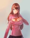  blue_eyes bow_(bhp) breasts brown_hair cleavage cleavage_cutout highres large_breasts lips long_hair meme_attire open-chest_sweater original ribbed_sweater solo sweater turtleneck 