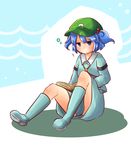  armband blue_eyes blue_hair book boots hair_bobbles hair_ornament hat kanno_fumiroku kawashiro_nitori key long_sleeves reading rubber_boots shirt short_hair sitting skirt skirt_set solo touhou two_side_up 