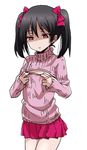  black_hair bow breast_conscious cleavage_cutout flat_chest hair_bow love_live! love_live!_school_idol_project meme_attire open-chest_sweater red_eyes ribbed_sweater ryo_(0626kk) shaded_face skirt solo sweater turtleneck twintails yazawa_nico 