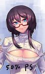  blue_eyes breasts brown_hair cleavage cleavage_cutout cropped glasses jjune large_breasts lips meme_attire open-chest_sweater original red-framed_eyewear ribbed_sweater semi-rimless_eyewear short_hair_with_long_locks sidelocks smile solo sweater turtleneck under-rim_eyewear 