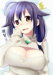  1girl ahoge alternate_costume blush breasts cleavage cleavage_cutout hair_flaps hand_to_own_mouth kantai_collection large_breasts long_hair magatama meme_attire open-chest_sweater open_mouth orange_eyes purple_hair ribbed_sweater solo suzune_kotora sweat sweater taigei_(kantai_collection) translated turtleneck upper_body 