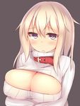  blonde_hair blush breasts cleavage cleavage_cutout collar kubiwa_(kutan) kutan large_breasts looking_at_viewer meme_attire open-chest_sweater original purple_eyes ribbed_sweater solo sweater 