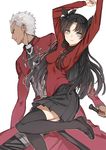  1girl archer black_hair black_legwear blue_eyes breasts dark_skin fate/stay_night fate_(series) haijin impossible_clothes impossible_shirt medium_breasts shirt thighhighs toosaka_rin two_side_up white_hair zettai_ryouiki 