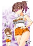  :&lt; alternate_costume artist_name blush_stickers breasts brown_eyes brown_hair cleavage closed_mouth clothes_writing employee_uniform hand_on_hip highres hooters imu_sanjo kaga_(kantai_collection) kantai_collection large_breasts looking_at_viewer multiple_girls no_bra no_legwear shaded_face short_shorts shorts side_ponytail sideboob signature tank_top thighs translated uniform v-shaped_eyebrows waitress wakaba_(kantai_collection) 