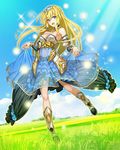  bare_shoulders blonde_hair blue_eyes boots breasts cleavage day dress fukukitaru grass hairband long_hair medium_breasts skirt_hold sky smile solo sparkle thousand_memories 