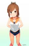  arms_behind_back bare_legs bare_shoulders brown_eyes brown_hair collarbone hair_ornament high_ponytail i-401_(kantai_collection) kantai_collection looking_at_viewer sailor_collar school_swimsuit senbei_(senbe_i) smile solo swimsuit swimsuit_under_clothes twitter_username 