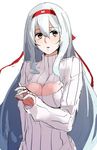  bad_id bad_twitter_id breasts brown_eyes cleavage_cutout headband jewelry kantai_collection long_hair medium_breasts meme_attire open-chest_sweater open_mouth ribbed_sweater ring ruuto_(sorufu) shoukaku_(kantai_collection) sweater turtleneck upper_body white_hair 