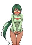  blush breasts cleavage_cutout dark_skin genderswap genderswap_(mtf) green_hair league_of_legends long_hair medium_breasts meme_attire nam_(valckiry) open-chest_sweater personification ponytail renekton ribbed_sweater solo sweater yellow_eyes 
