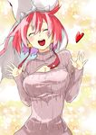  ^_^ bad_id bad_pixiv_id breasts cleavage_cutout closed_eyes elphelt_valentine guilty_gear guilty_gear_xrd hat heart large_breasts mashiro_kanna meme_attire open-chest_sweater open_mouth pink_hair ribbed_sweater short_hair solo sweater turtleneck 