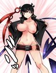  aoshima asymmetrical_wings belt beltskirt black_hair bouncing_breasts breasts brown_eyes collarbone commentary flashing highres houjuu_nue large_breasts lips looking_at_viewer navel nipples no_bra no_panties open_clothes open_shirt shirt short_hair skirt smile solo touhou undressing wings 