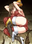  arms_up bdsm blue_eyes blush bondage bound breasts brown_hair cameltoe covered_nipples high_heels highres large_breasts leotard long_hair looking_at_viewer lying on_side red_legwear red_leotard shunzou solo stocks sweat tales_of_(series) tales_of_the_abyss tear_grants thighhighs 
