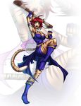  animal_ears blue_eyes breasts breath_of_fire cat_ears covered_nipples fur highres karosu_maker medium_breasts red_hair rinpoo_chuan spinning staff tail tiger_stripes white_background 