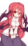  bent_over book breasts cleavage cleavage_cutout demon_girl demon_wings head_wings koakuma kuresento large_breasts long_hair long_sleeves looking_at_viewer meme_attire open-chest_sweater red_eyes red_hair ribbed_sweater smile solo sweater touhou turtleneck v_arms very_long_hair wings 
