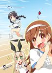  3girls :&lt; :d artist_name black_hair braid brown_eyes brown_hair buruma closed_mouth gym_uniform hairband headband heart heart-shaped_pupils heart_in_mouth highres imu_sanjo kantai_collection kitakami_(kantai_collection) light_brown_hair long_hair multiple_girls ooi_(kantai_collection) open_mouth purple_eyes running shimakaze_(kantai_collection) signature single_braid smile sports_festival symbol-shaped_pupils track translated triangle_mouth v-shaped_eyebrows 