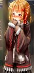  absurdres alternate_costume blonde_hair blush coat commentary_request hair_ribbon highres mitsubasa_miu red_eyes ribbon rumia scarf short_hair skirt smile touhou winter_clothes winter_coat 