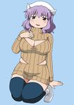  black_legwear breasts cleavage cleavage_cutout hand_on_own_chest hat highres large_breasts letty_whiterock meme_attire millipen_(medium) naked_sweater open-chest_sweater plump poinikusu purple_eyes purple_hair ribbed_sweater seiza sitting smile solo sweater thighhighs touhou traditional_media turtleneck waist_cutout zettai_ryouiki 