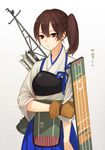  brown_eyes brown_hair flight_deck gloves japanese_clothes kaga_(kantai_collection) kantai_collection long_hair machino_(nidavellir) muneate partly_fingerless_gloves side_ponytail solo tasuki translated yugake 