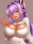  :d bad_id bad_twitter_id bangs blush bow breasts cleavage cleavage_cutout dark_elf dark_skin elf green_eyes grey_background hair_between_eyes hair_bow hair_intakes head_tilt high_ponytail jewelry large_breasts lipstick long_hair long_pointy_ears long_sleeves looking_at_viewer makeup meme_attire mole mole_under_mouth motion_lines necklace open-chest_sweater open_mouth original pendant pointy_ears ponytail purple_hair ribbed_sweater simple_background smile solo striped sweater taut_clothes turtleneck upper_body very_long_hair waving yapo_(croquis_side) 