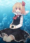  blonde_hair bubble frilled_skirt frills hair_ribbon highres necktie red_eyes ribbon rumia sh_(562835932) shirt short_hair skirt touhou underwater vest 