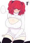  1girl bianco_(mapolo) black_legwear blush breasts cleavage cleavage_cutout dress embarrassed hair_bobbles hair_ornament large_breasts meme_attire onozuka_komachi open-chest_sweater red_eyes red_hair ribbed_sweater shiki_eiki short_hair sitting solo sweater sweater_dress thighhighs touhou turtleneck two_side_up wariza 